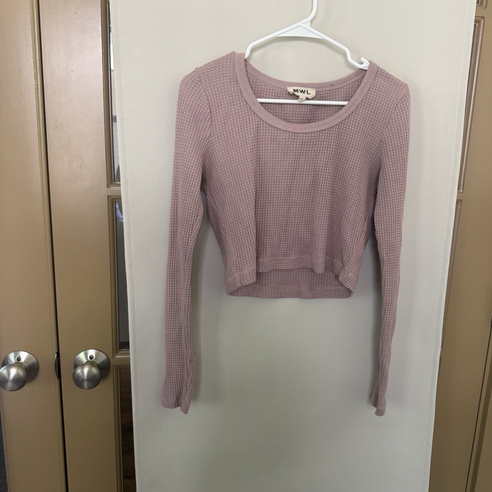 Madewell Womens Small Muave Pink Waffle Knit Scoop Neck Long Sleeve Crop Top